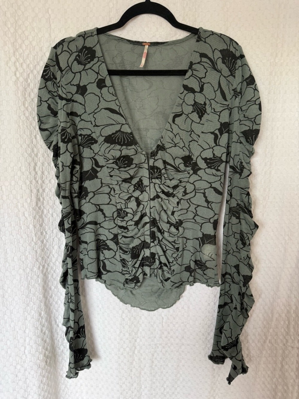 Free People Floral Mesh Ruched Long Sleeve Top Green Large - Picture 2 of 5